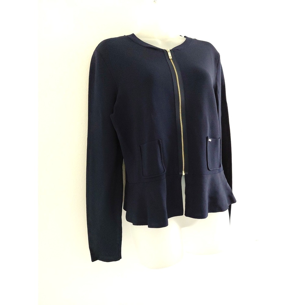 Tommy Hilfiger Sweater Large Navy Blue Peplum Zip Front Liquid Knit Preppy Class - Picture 3 of 13